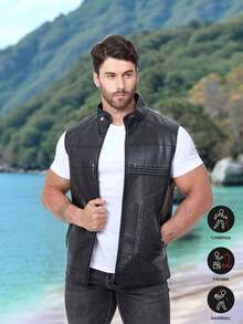 Chaleco de cuero de motocicleta para hombre, estilo deportivo sin mangas, color negro, para primavera/verano, con forro polar - Negro - Ver 2