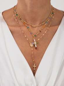 3 件套复古时尚水钻十字架吊坠项链，简约彩色水晶珠链项链，适合女士日常佩戴、旅行、派对 - 多色 - 查看 1