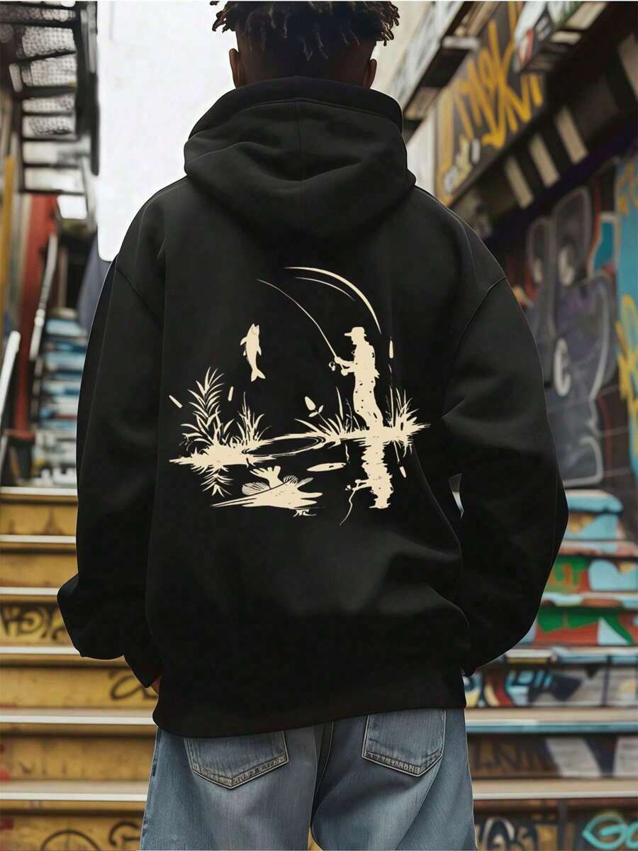 Camiseta con gráfico de pesca para hombres, Sudadera con capucha, Sudadera casual y cómoda con estampado doble cara para hombres, Abrigo casual y versátil para otoño e invierno (1 pieza)