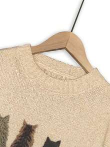 Pull ample en tricot décontracté avec imprimé chat en blocs de couleurs