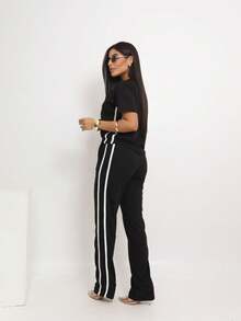 Premium Sweatsuit Casual Set With Wide Casual Pants And Side Stripe - 黑色 - 查看 4