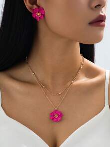 1 套女士首饰套装，包括 1 对鲜艳的紫红色花卉设计耳环和 1 条项链（由于手工制作，珠链长度可能略有不同，但不会影响佩戴效果） - 玫紅色 - 查看 4
