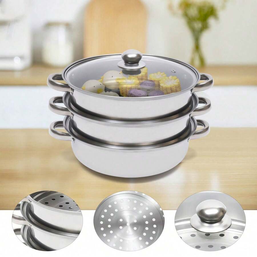 Three-Layer Stainless Steel Steamer With Glass Lid. Suitable For Gas Stoves, Etc. - Bạc - Xem 1