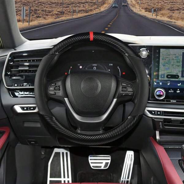 1 Pc Black Car Steering Wheel Cover, Diameter Of 14.5'-15' Universal Carbon Fibre Leather Steering Wheel Protector, Durable Steering Wheels Wrap For Women And Men, Fit For Most Vehicles