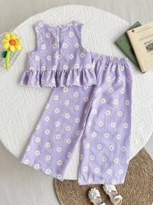2pcs Girls Daisy Print Blue Plaid Top And Pants Set, Summer