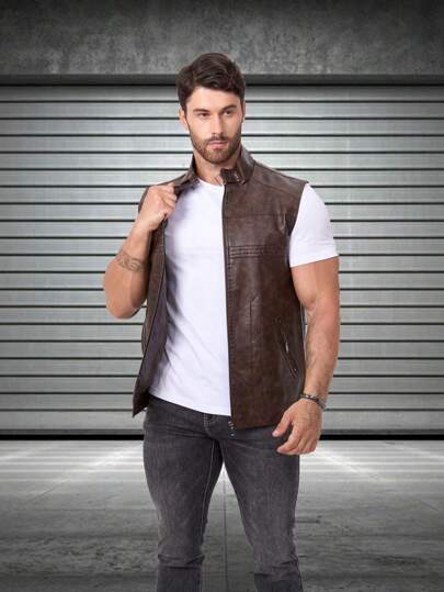 Men's Outdoor Motorcycle PU Leather Vest Sleeveless Jacket Racing Suit, Coffee Color, Spring/Summer