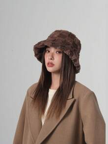 1pc Women's Brown Textured Faux Fur Bucket Hat - Warm Fluffy Winter Cap Winter Outfits Fall - Multicolor - View 1