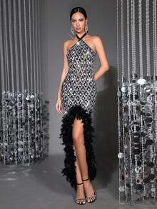 Váy Maxi hở lưng đính hạt sequin cổ yếm sang trọng dành cho nữ có viền lông vũ – Váy dạ hội lưới xẻ cao gợi cảm cho tiệc tùng, đám cưới, vũ hội - màu đen - Xem 5