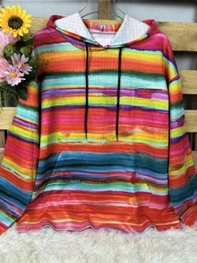 1pc Plus Size Casual Loose Stretchy Pullover Hoodie Sweatshirt, Women Autumn/Winter Rainbow Striped Print Hooded Sweatshirt With Pockets & Drawstring