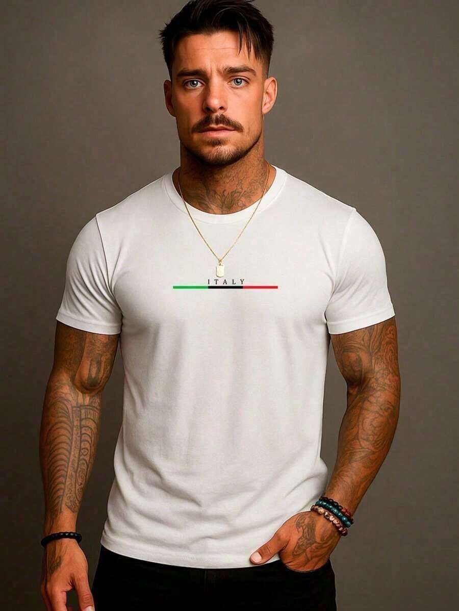 Men's Slim Fit T-Shirt Italy Print Minimalist Casual Fashion European Style - trắng - Xem 1