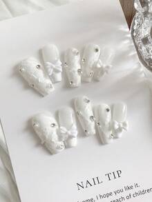 Nœud en gypse blanc pur luxueux fait main, portable, style américain vintage, ongles à clipser, manucure haut de gamme convenant aux fêtes, anniversaires, rassemblements, fournitures pour nail art, ongles à clipser faits main - Blanc - Voir 3