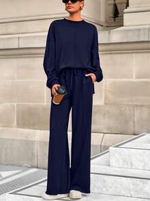 Women Fall 2 Piece Sweatsuit Set  Drawstring Wide Leg Jogger Sweatpants Loose Matching Lounge Sets Sport Airport Tracksuit Outfits - Màu xanh hải quân - Xem 3