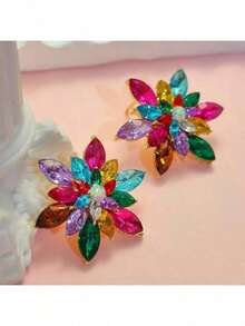 A Pair Of High-End Colorful Rhinestone Flower Earrings - Rainbow Series, Suitable For Daily Wear, Commuting, And Gatherings - Ideal Gift - Multicolor - View 6