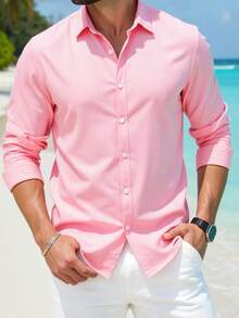 Men's Fashionable Mature Pink Long Sleeve Shirt, Lightweight Four-Way Stretch Fabric Suitable For Vacation, Daily Wear, Travel, All Seasons - Pink - View 4