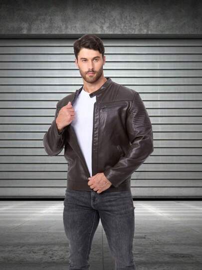 Men's Outdoor Professional Motorcycle Leather Jacket, Raglan Sleeve Biker Jacket, PU Leather Jacket, Stand Collar Sports Jacket, Zipper Pockets, Black, Suitable For Autumn/Winter