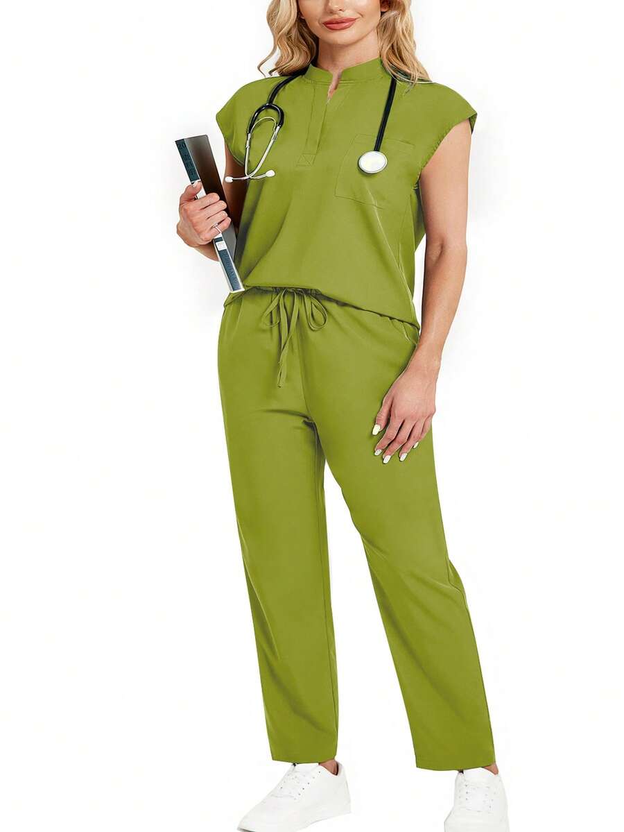 cimmuovere Plus Size Stand Collar Sleeveless Loose Top And Practical Multi-Pocket Pants Uniform Set Spring - Mint Green - View 1