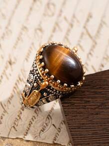 1 件男士时尚复古天然棕色绿松石戒指，适合婚礼、订婚、派对的珠宝 - 銀色 - 查看 5