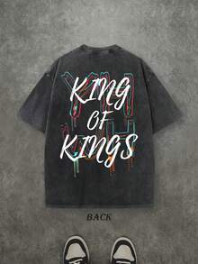 Retro Washed T-Shirt Double Sided Printed (230 Pure Cotton T-Shirt) 'YHWH KING OF KINGS'  Letter And Crown Pattern Print, Men's T-Shirt, Men's Casual, Comfortable, Fashionable T-Shirt, Street Style Cotton - 黑色 - 查看 2