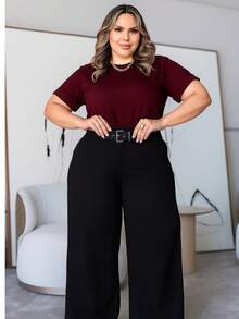 BASIC CREW NECK PLUS SIZE BLOUSE - 紫紅色 - 查看 2