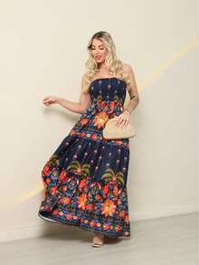 steve store moda feminina  vestido longo  elastex com forrado Estampa total  Floral    Nó  Franzido    Praia  Férias - azul marinho - Visão 4