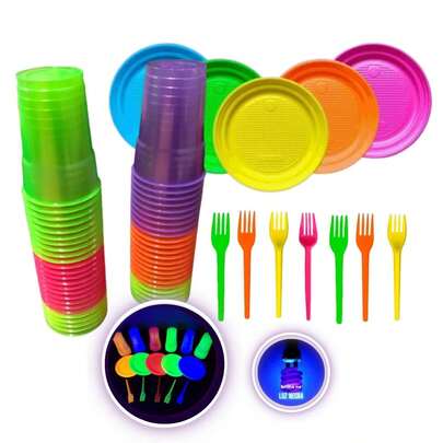 100 Copos Neon + 100 Pratinhos + 100 Garfinhos Festa Neon