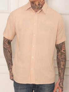Camisa Botão Manga Curta Masculina Slim Social Verão Camisa Praia Ano Novo Lisa - Bege - Visão 1