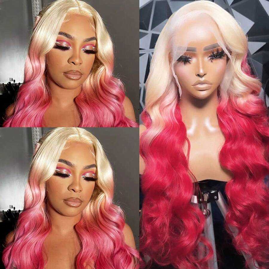 13x4 Free Part HD Lace Front Wig Ombre Purple Color Long Body Wave Synthetic Hair 180% Density Pre-Plucked Glueless Purple Ombre Colored Long Wavy Hair 26 Inch Free Part Soft Natural Look For Women Versatile Styling Options - 漸層粉紅色 - 查看 1