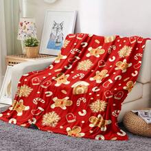 1pc Cozy Christmas Gingerbread Print Flannel Throw Blanket - Lightweight All-Season Soft Warmth For Sofa, Bed, Travel & Camping - Festive Red & Golden Holiday Decor With Candy Canes & Snowflakes Design, Gingerbread Christmas Decor, Seasonal Home Accent, Durable Comfort Fabric- 280GSM - 彩色 - 查看 1