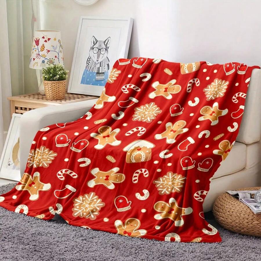 1pc Cozy Christmas Gingerbread Print Flannel Throw Blanket - Lightweight All-Season Soft Warmth For Sofa, Bed, Travel & Camping - Festive Red & Golden Holiday Decor With Candy Canes & Snowflakes Design, Gingerbread Christmas Decor, Seasonal Home Accent, Durable Comfort Fabric- 280GSM - 彩色 - 查看 1
