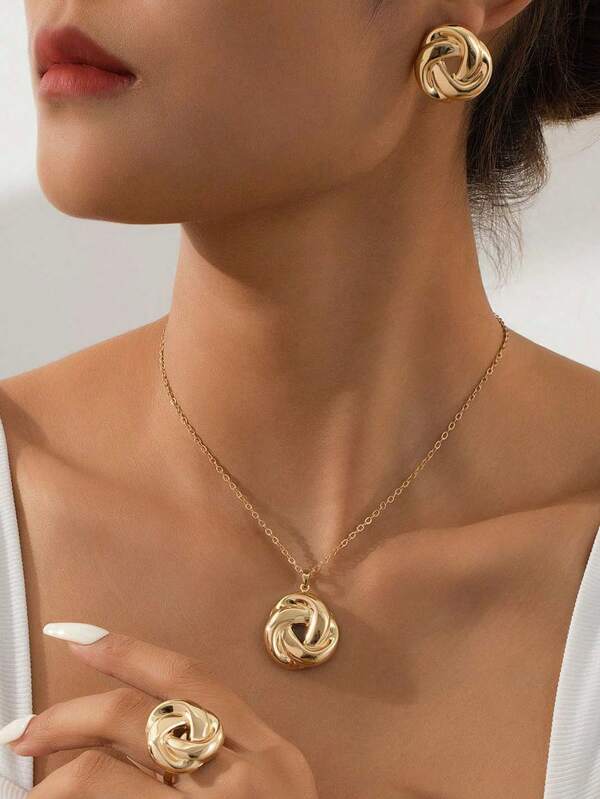 4-Piece Golden Temperament Elegant Simple Geometric Round Winding Iron Necklace Earrings Ringjewelry Set, Women's Jewelry, Suitable For Daily Wear, Parties, And Banquets, Gift For Girlfriend