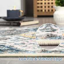 Machine Washable Rugs, Vintage Floral Throw Rugs, Farmhouse Indoor Floor Mat, Easy To Clean, Soft, Non-Slip Low Pile Accent Rug For Living Room, Bedroom, Dining Room, Kitchen - Blue and Yellow - View 6