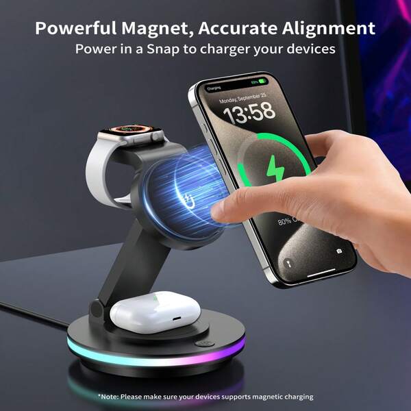3 In 1 Mag-Safe Wireless Charger Stand, Magnetic Foldable Wireless Charging Station Compatible With Apple, Rotating & Light Adjust, For IPhone 16/15/14/13/12 Series, For Apple Watch, For AirPods, No Adapter