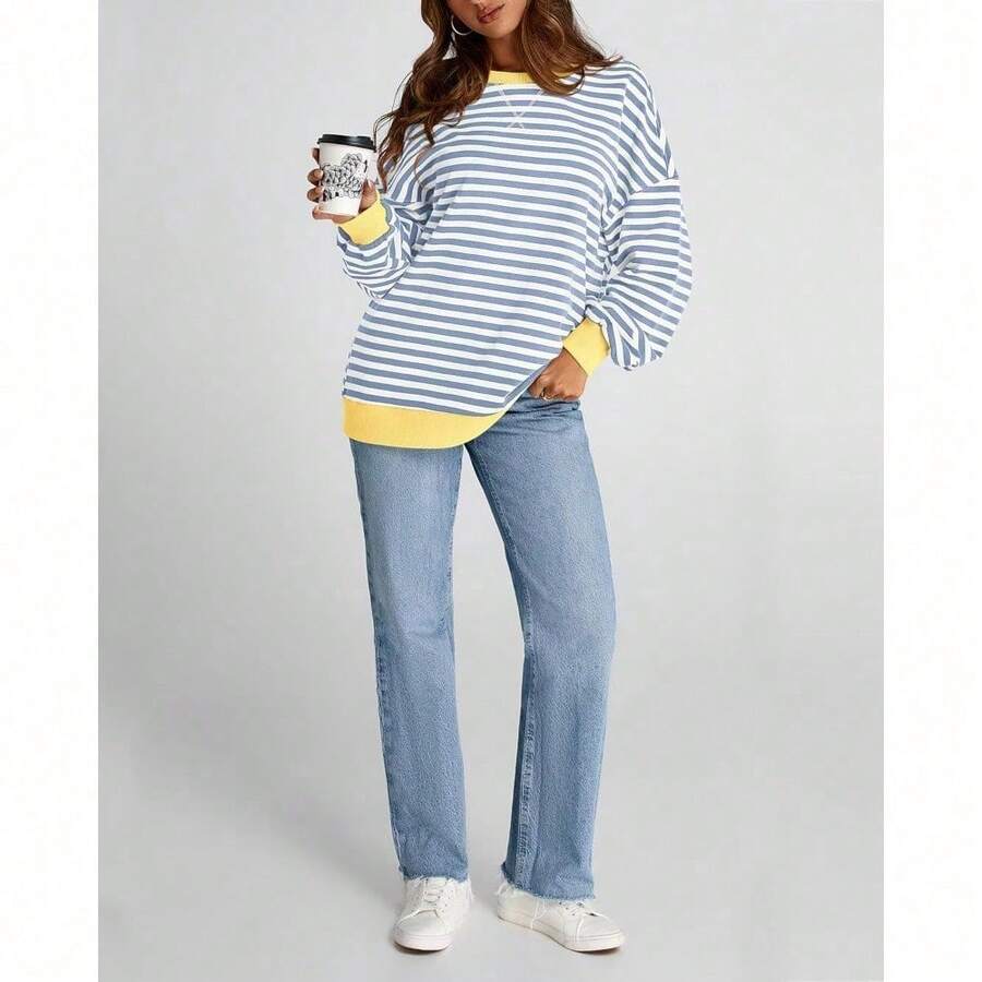 Womens Oversized Striped Sweatshirt Crewneck Long Sleeve Pullover Top Casual Y2K Spring Clothes 2026 Workout Shirt,Vacation Outfits Women,Valentine Outfits For Women,Street Photography - Xanh be trắng - Xem 1
