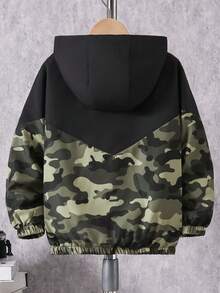 青少年男孩休闲迷彩拼布长袖连帽夹克，秋冬季时尚日常穿着