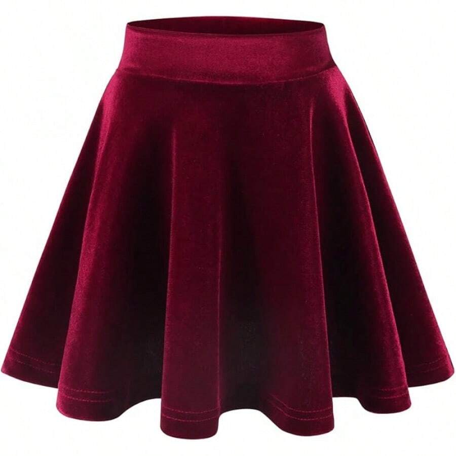 Girls Velvet Stretch Mini Flared Pleated Skater Skirt (4-12 Years) - Màu Đỏ Sâu - Xem 1