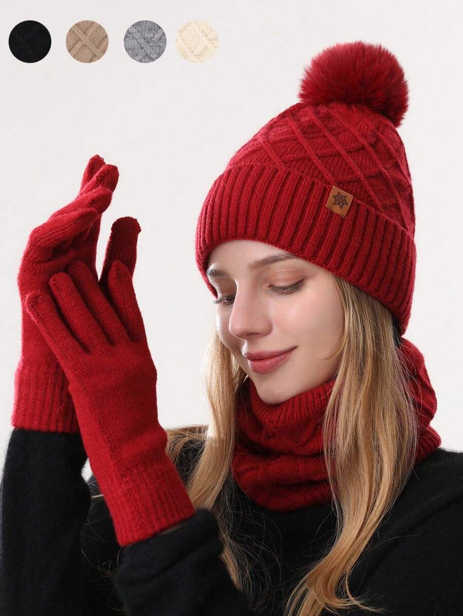 مجموعة قبعة وشاح وقفازات محبوكة مزدوجة الطبقة مبطنة بالحرارة للنساء، للاستخدام الخارجي والدراجات، قبعة محبوكة لتدفئة الرأس في فصل الشتاء، 3 قطع/مجموعة