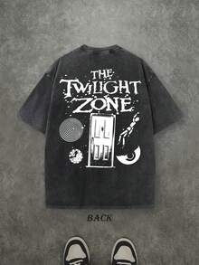 Retro Washed T-Shirt Double Sided Printed (230 Pure Cotton T-Shirt) 'THE TWILIGHT ZONE'  Letter And Beer Pattern Print, Men's T-Shirt, Men's Casual, Comfortable, Fashionable T-Shirt, Street Style Cotton - màu đen - Xem 2