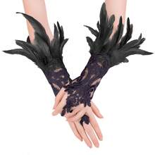 A Pair Of Gothic Lace Faux Feather Gloves For Halloween Ladies, Lace Cuffs, Wristbands, Cosplay, Wedding Party, Halloween Costume Decoration Accessories