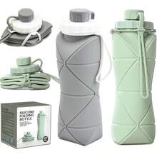 (2 Pack) Collapsible Bottle Travel [Double Leak-Proof Design] [Cap With Safety Rope] BPA Silicone Foldable Bottle Outdoor Hiking Sports Lightweight, Couple (Gray+Green)