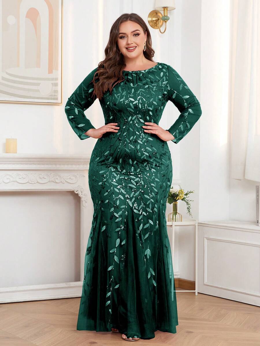 大码美人鱼刺绣花卉亮片礼服，优雅长袖正式晚宴婚礼宾客礼服，适合毕业典礼、晚宴、派对等各种场合，四季皆宜。