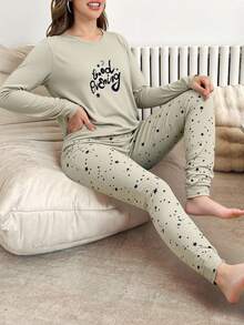 Mirano Slogan Print Short Sleeve Top & Cherry Pattern Long Pants Pajama Set - Grey - View 1