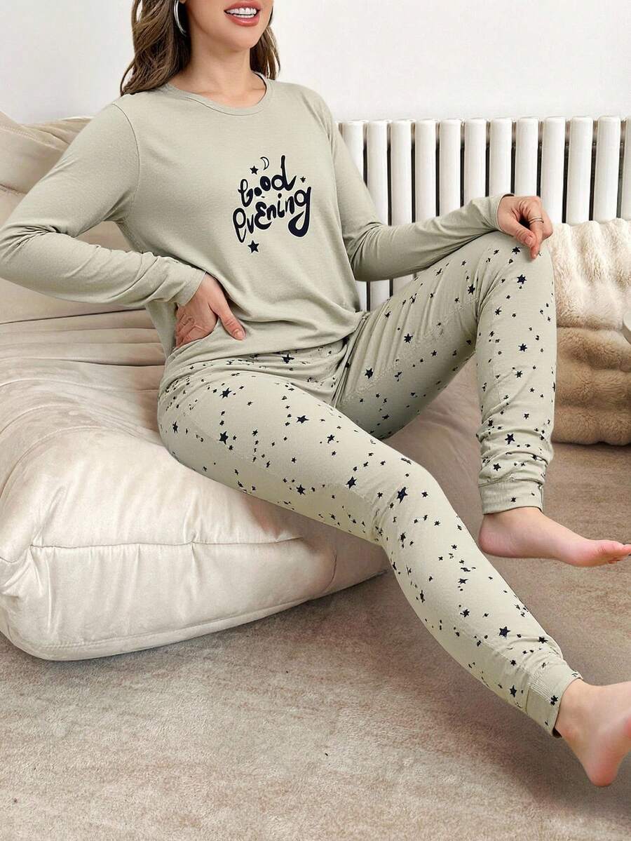 Mirano Slogan Print Short Sleeve Top & Cherry Pattern Long Pants Pajama Set - Grey - View 1