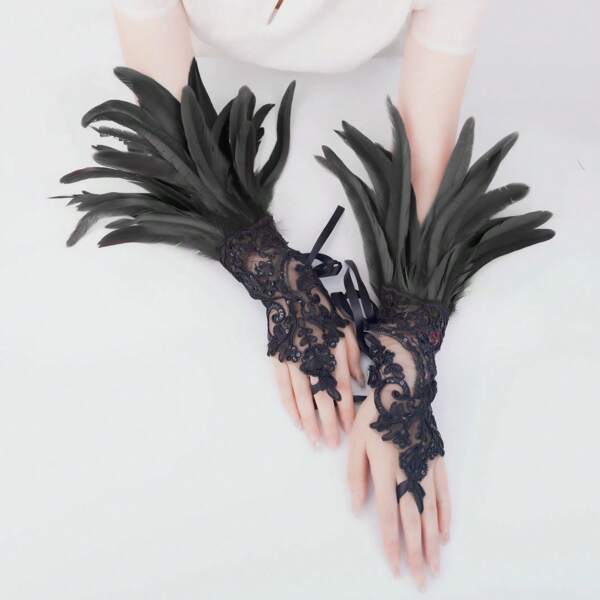 Gothic Lace Feather Fingerless Gloves With Long Sleeves Wrist Cuffs Women's Costume Accessory Halloween Valentine's Day Valentines Halloween Accessories