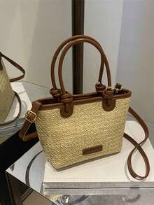 Bolso de paja tejida y bolso de hombro de estilo de playa de vacaciones 2025, elegante bolso de cesta con nudo de cuerda - Marrón - Ver 12