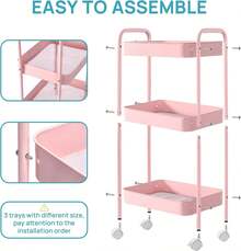 Back To School 3-Tier Metal Rolling Cart With Wheels Pink Student Dormitory Snack Study Tool Storage Cart With Handle And Lockable Universal Wheel Dormitory Must Have Artifact Kitchen Office Organizer Racks - Pink - View 8