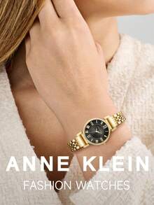 Anne Klein 女士金色石英手链腕表，搭配亮黑色表盘，防水设计，尽显奢华优雅，表带可调节，休闲时尚。 - 金色1 - 查看 4