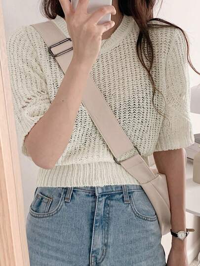 Women's Solid Color Round Neck Loose Short Sleeve Casual Sheer Knit Top White