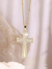 1pc Crown Cross Necklace Women Men Zirconia Gold Pated Rotable Pendant Necklace Party Vacation Birthday Jewelry Gift For Girlfriend BBF Couple
