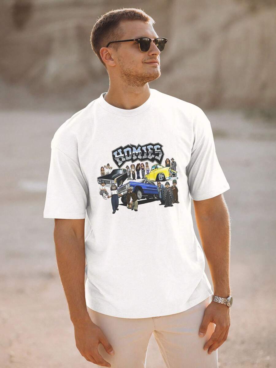 Lil Homies Lowriders Graphic Tee- Black Casual Round Neck T-Shirt With Funny Homies For Life, Machine Washable, All-Season Comfort Fit For Adults, Allseason Apparel Humorous Graphic Tee Comfortable Fit - 白色 - 查看 1