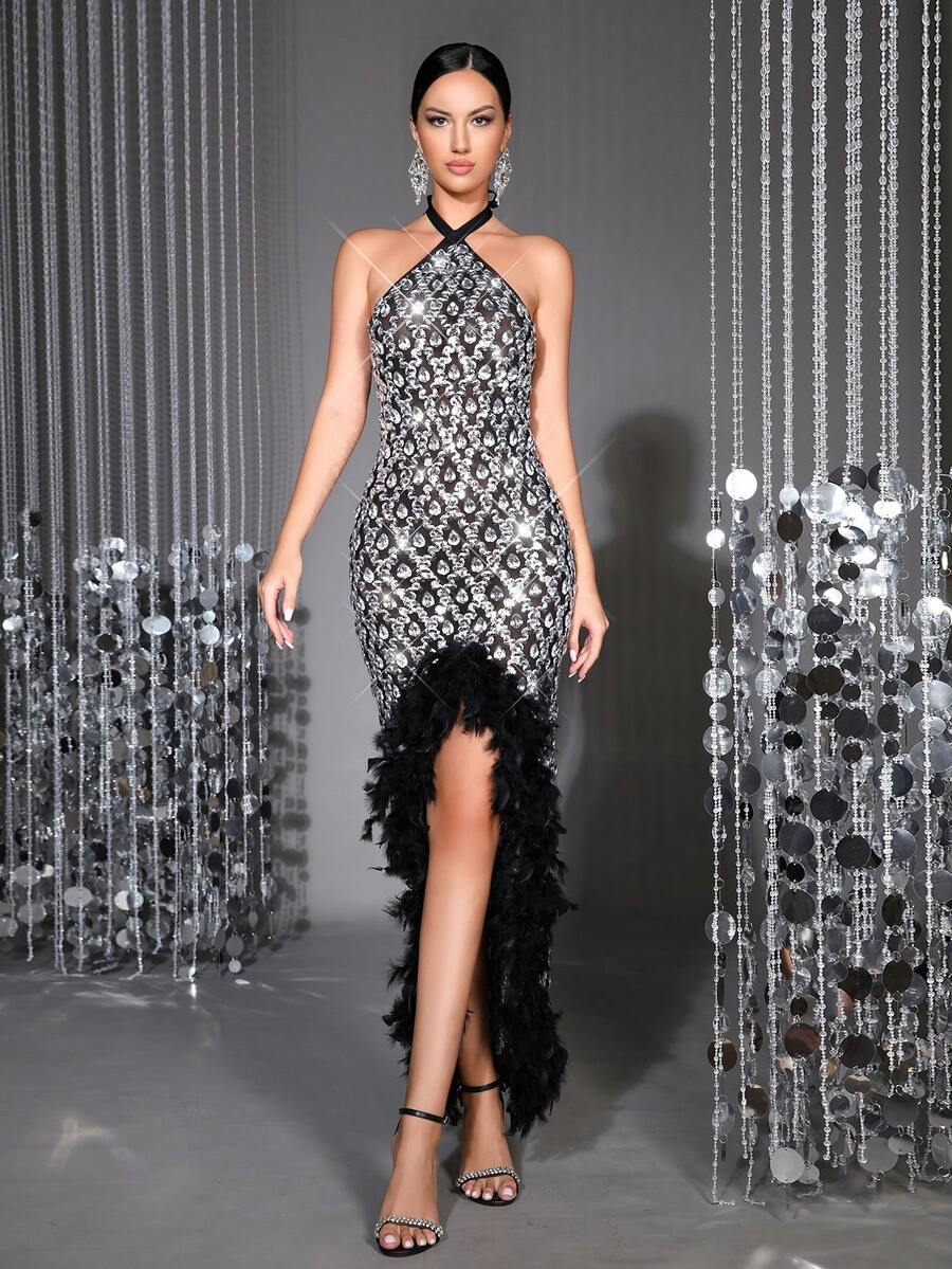 Váy Maxi hở lưng đính hạt sequin cổ yếm sang trọng dành cho nữ có viền lông vũ – Váy dạ hội lưới xẻ cao gợi cảm cho tiệc tùng, đám cưới, vũ hội - màu đen - Xem 1